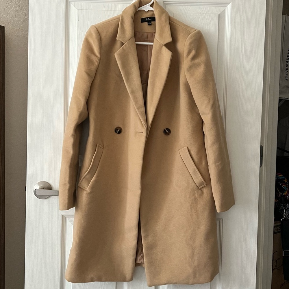 Lulu’s Harriet Long Double Breasted Tan Coat